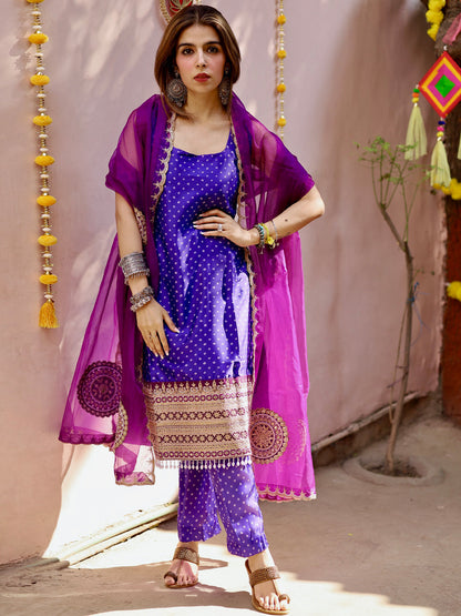 Rajwada Women Violet Satin Embroidered Stitched Kurta Set