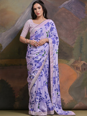 Rajwada Purple Printed Chiffon Saree With Unstitched Blouse For Women