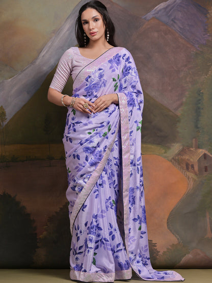 Rajwada Purple Printed Chiffon Saree With Unstitched Blouse For Women