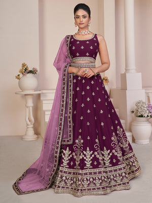 Rajwada Wine Georgette Embroidered Semi Stitched Lehenga With Unstitched Blouse for Women