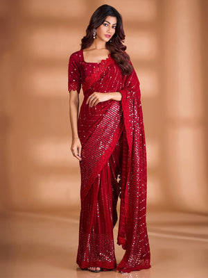 Rajwada Red Embellished Georgette Saree With Unstitched Blouse For Women