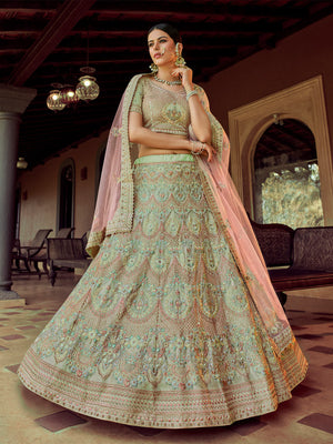 Rajwada Olive Embroidered Georgette Semi Stitched Lehenga With Blouse For Women