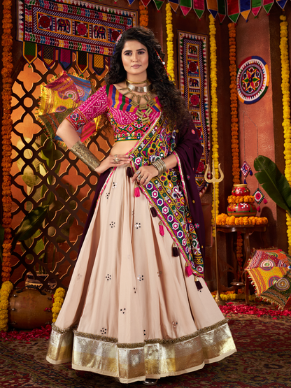Rajwada Cream Cotton Blend Embroidered Mirror Semi-Stitched lehenga For Women