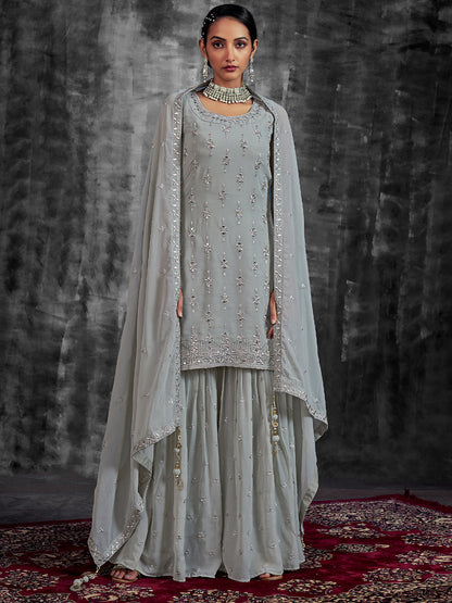 Rajwada Women Grey Embroidered Partywear  Stitched Kurtaset
