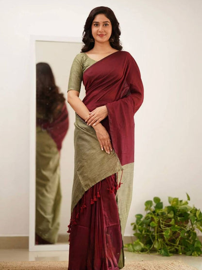 Rajwada Maroon Cotton Blend Solid Saree For Women