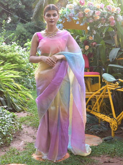 Rajwada Multicolor Printed Organza Saree with Unstitched Blouse for Women