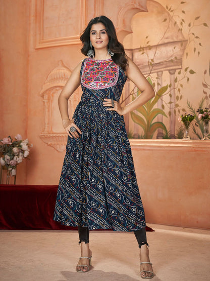 Rajwada Navy Blue Printed Rayon Stitched Kurti For Women