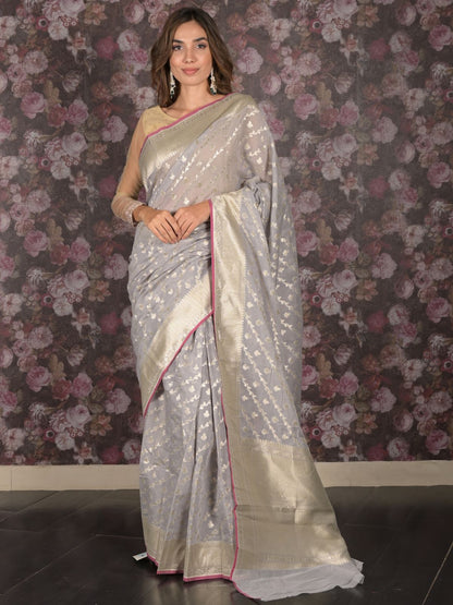 Rajwada Grey Woven Silk Blend Saree With Unstitched Blouse For Women