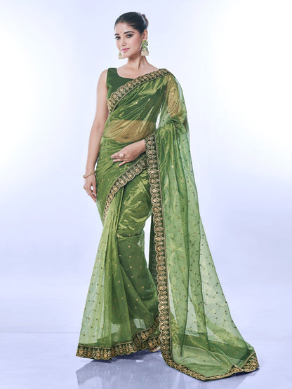 Rajwada Green Embellished Net Saree With Unstitched Blouse For Women