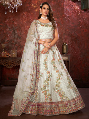 Rajwada White Net Embroidered Semi Stitched Lehenga With Unstitched Blouse for Women