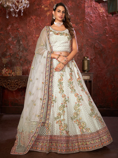 Rajwada White Net Embroidered Semi Stitched Lehenga With Unstitched Blouse for Women