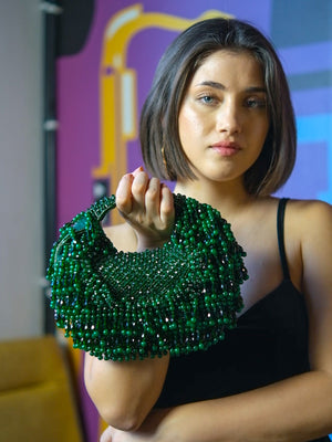 Rajwada Green Suede Embellished Hand Bag For Women