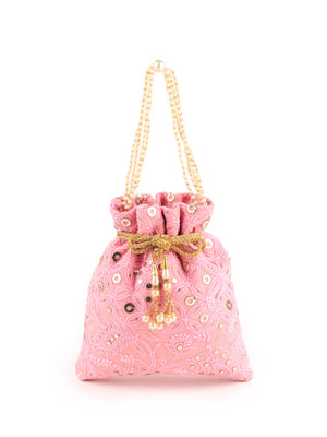 Rajwada Women Pink Lucknow Chikankari Embroidered Potli Bag