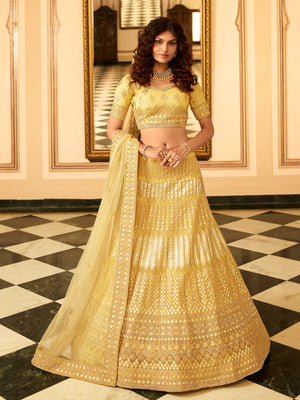 Rajwada Mustard Embroidered Organza Semi Stitched Lehenga With Blouse For Women