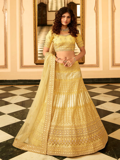 Rajwada Mustard Embroidered Organza Semi Stitched Lehenga With Blouse For Women