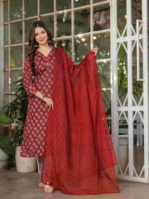 Rajwada Maroon Cotton Blend Printed Stitched Kurta Set For Women