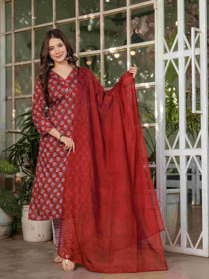 Rajwada Maroon Cotton Blend Printed Stitched Kurta Set For Women