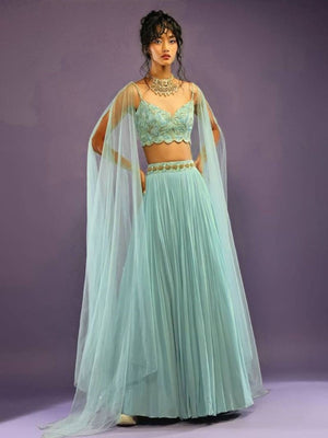 Rajwada Sky Blue Georgette Solid Semi-Stitched Lehenga For Women