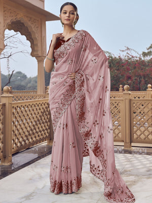 Rajwada Light Pink Georgette Embellished Elegant Saree For Women