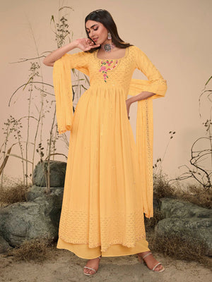 Rajwada Women Classy Yellow Georgette Stitched Salwar Suit