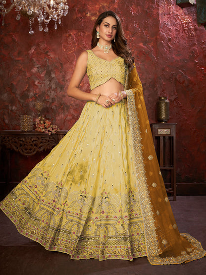 Rajwada Yellow Net Embellished Semi Stitched Lehenga With Unstitched Blouse for Women