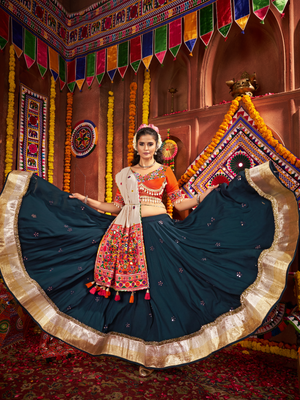 Rajwada Teal Blue Cotton Blend Embroidered Semi-Stitched lehenga For Women