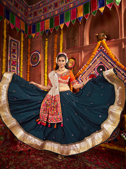 Rajwada Teal Blue Cotton Blend Embroidered Semi-Stitched lehenga For Women