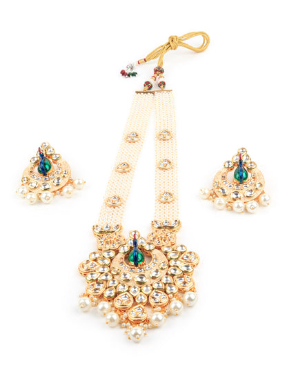 Rajwada Women White And Green Peacock Bridal Long Necklace Set With Earrings