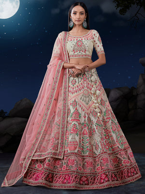 Rajwada Off White And Pink Embroidered Soft Net Semi Stitched Lehenga With Blouse For Women