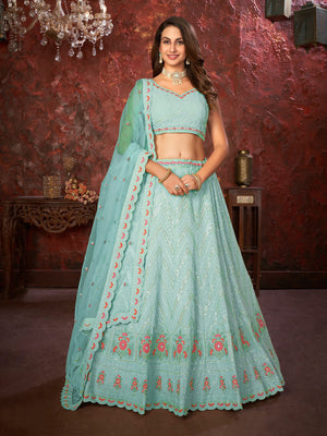 Rajwada Sky Blue Georgette Embellished Semi Stitched Lehenga With Unstitched Blouse for Women