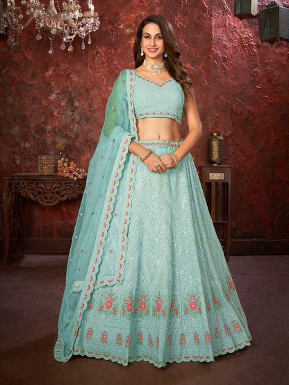 Rajwada Sky Blue Georgette Embellished Semi Stitched Lehenga With Unstitched Blouse for Women