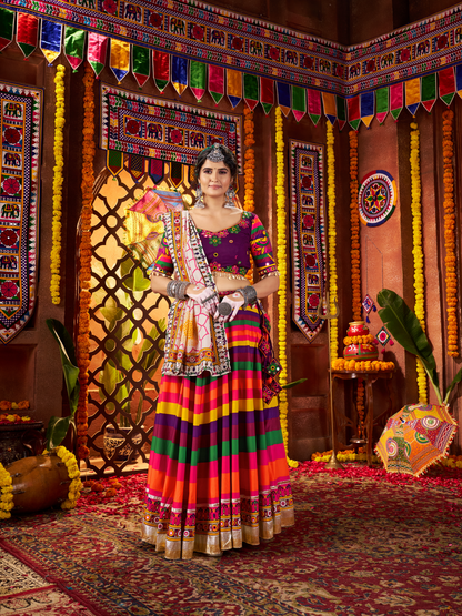 Rajwada Multicolor Cotton Blend Printed With Mirror Work Semi-Stitched lehenga For Women