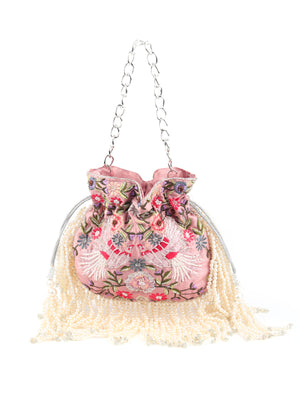 Rajwada - Peach Pink Embellished Beaded-Embroidered Pearly Potli Bag