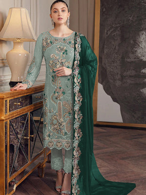 Rajwada Women Sea Green Embroidered Georgette Semi Stitched Salwar Suit