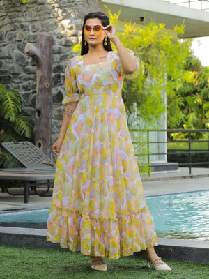 Rajwada Yellow Georgette Stitched Printed Indo Western Dress For Women