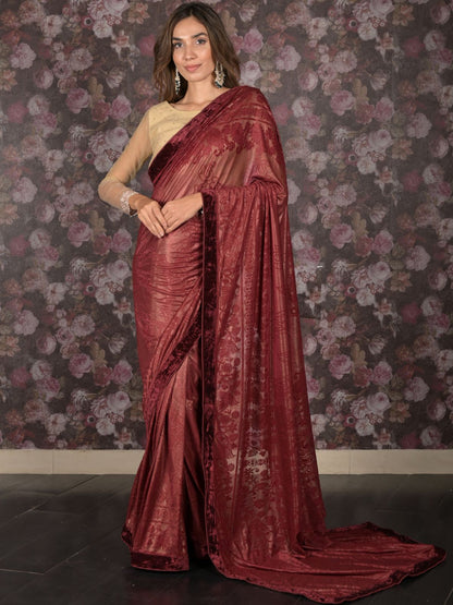 Rajwada Maroon Jacquard Lycra Woven Saree with Unstitched Blouse for Women