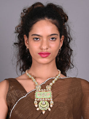 Rajwada Green Beads And Kundan Embellished Long Neck Piece For Women
