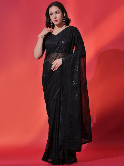 Rajwada Black Embellished Georgette Saree With Unstitched Blouse For Women