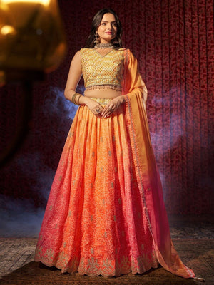 Rajwada Orange Organza Embroidered Semi-Stitched Lehenga For Women
