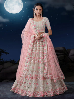Rajwada Off White Embroidered Soft Net Semi Stitched Lehenga With Blouse For Women