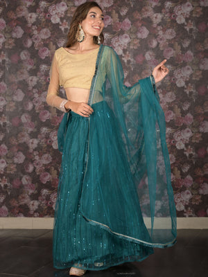 Rajwada Teal Sequins Embroidered Net Semi-Stitched Lehenga with Unstitched Blouse for Women