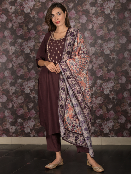 Rajwada Dark Purple Embroidered Cotton Blend Stitched Kurta Set for Women