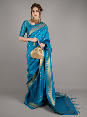 Blue Silk Woven Saree With Unstitched Blouse