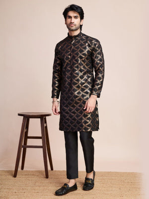 Rajwada Black Silk Blend Sequins Stitched Kurta For Men