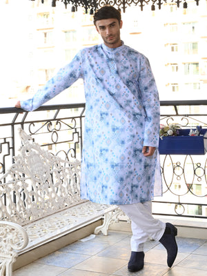 Rajwada Blue Printed Cotton Traditional Kurta Set For Men