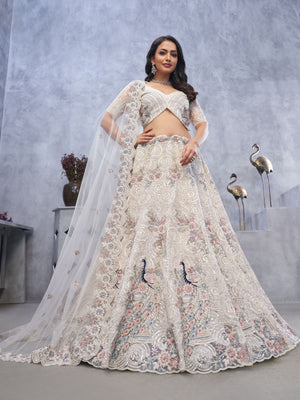 Rajwada White Soft Net Embellished Semi-Stitched Lehenga With Unstitched Blouse For Women