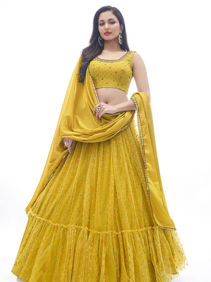 Rajwada Mustard Chinon Embellished Stitched Lehenga With Stitched Blouse For Women