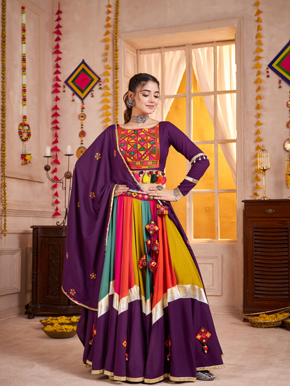 Rajwada Multicolor Viscose Cotton Embroidered Semi-Stitched Lehenga Choli For Women