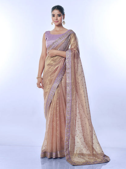 Rajwada Dusky Pink Embellished Net Saree With Unstitched Blouse For Women