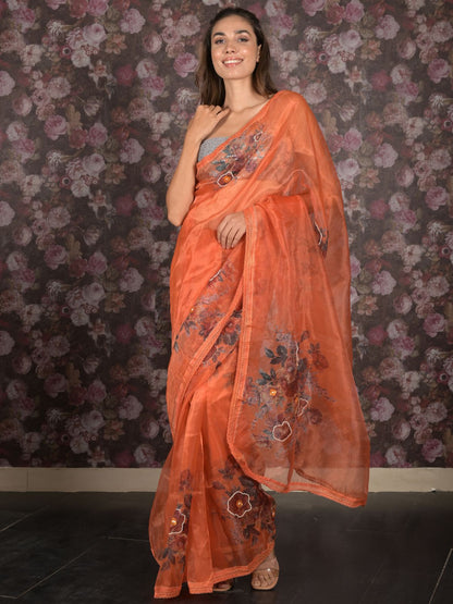 Rajwada Orange Printed Organza Saree With Unstitched Blouse For Women